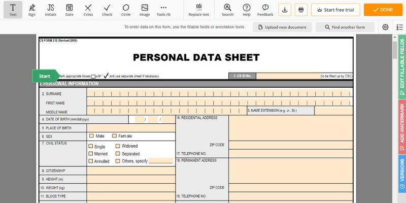 Personal Data Sheet Screnshot 1